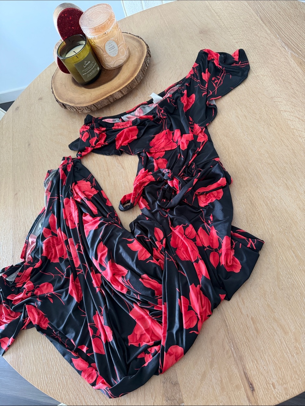 Black Floral Midi Dress with Red Roses - small